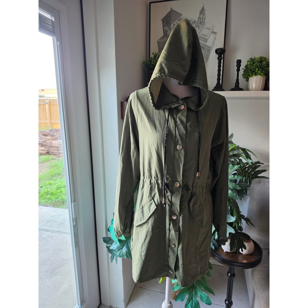 Love Olive Green Hooded Utility Parka Jacket Womens Small Anorak Snap Button
